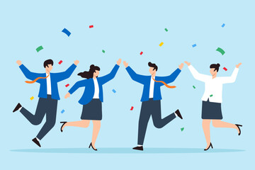 Flat illustration of diverse office workers jump to celebrate work achievement together representing joy and success