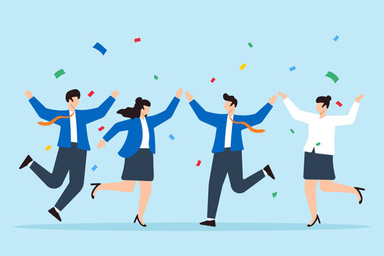Flat illustration of diverse office workers jump to celebrate work achievement together representing joy and success