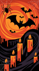 Black bats and orange candles against a swirling orange and black background, Halloween celebration. 
