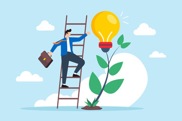 Flat illustration of businessman climbs ladder to reach lightbulb and growing plant symbolizing creativity and personal development © VZ_Art