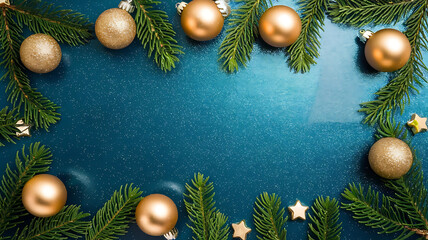 Gold Christmas ornaments and pine branches on a blue background, festive holiday design. 

