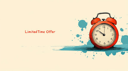 This creative advertisement features a red alarm clock highlighting a limited time offer on a vibrant backdrop with splashes of color