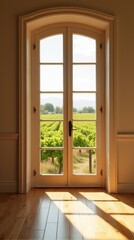 View From an Interior Space Through a Tall, Rectangular Window With Multiple Panes, Revealing a Vibrant Vineyard Scene.