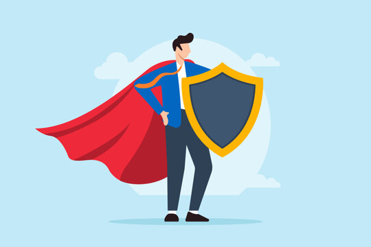 Flat illustration of businessman superhero holds strong protection shield symbolizing security and safeguarding against cyber threats