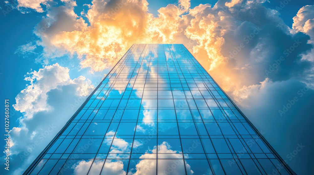 Aufkleber a towering glass building mirrors the colorful clouds and sunset, creating a stunning visual interac