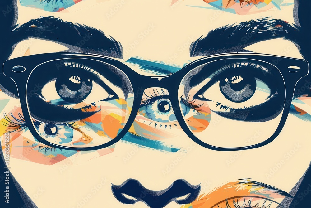 Poster colorful and artistic backdrop featuring unique eyes accentuates the trendy eyeglasses, creating an 