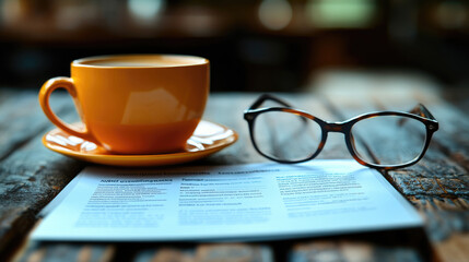 A cozy café features a steaming cup of coffee next to reading glasses resting on important documents on a rustic wooden table - Powered by Adobe