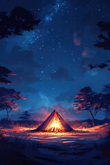 A peaceful night in nature features a bright campfire surrounded by trees, with a stunning starry sky above the tranquil scene