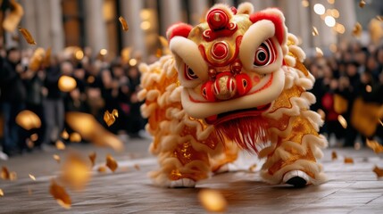 A vibrant photo of a traditional Chinese lion dance with a golden lion costume, surrounded by flying confetti, capturing the dynamic and festive atmosphere of a Lunar New Year celebration