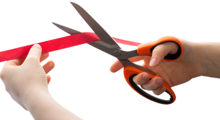 Cutting a red ribbon with scissors on a white background. Opening procedure, inauguration, new project.