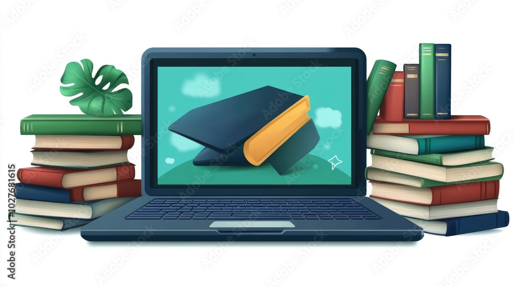Poster a laptop displaying book graphics is placed amidst stacks of books, symbolizing the blend of technol