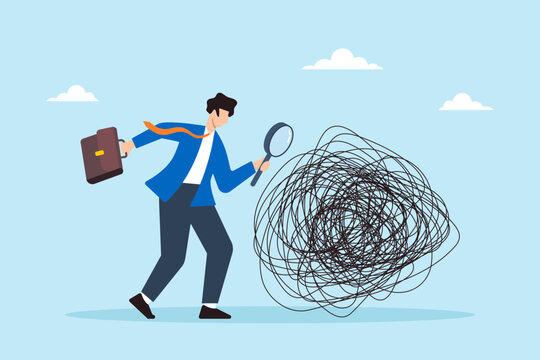 Flat illustration of businessman analyzes mess line with magnifying glass searching for root causes and solutions
