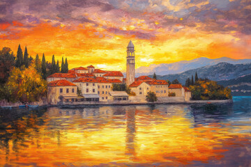 Fototapeta premium oil painting on paper of Beautiful of Croatia at sunrise
