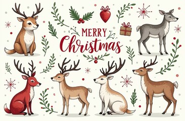 Christmas collection with cute animals: bear, fox, squirrel, bird, Santa Claus, Snowman and christmas decorative elements