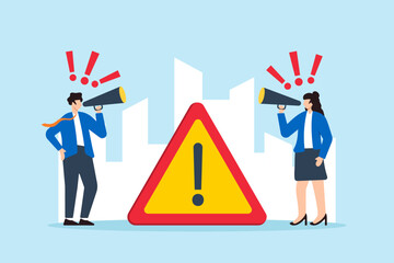 Flat illustration of business people announce urgent information through megaphone capturing attention with exclamation sign