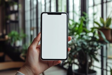 A hand holding a smartphone with a blank white screen, in a cafe setting.