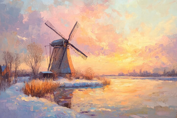 oil painting on paper of Netherlands at sunset