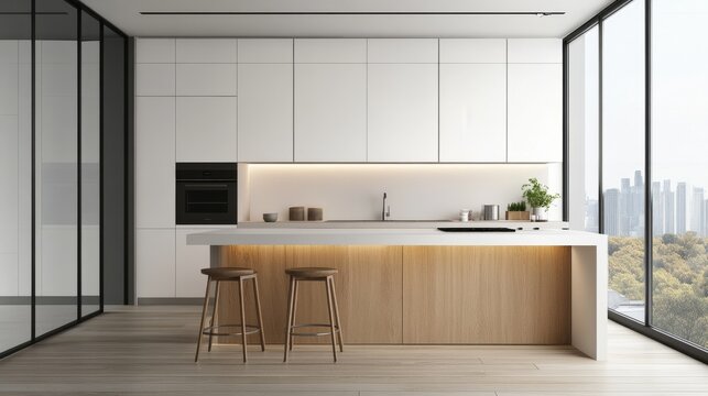 Modern Minimalist Kitchen with Urban Skyline View and Wooden Accents for Inspiration