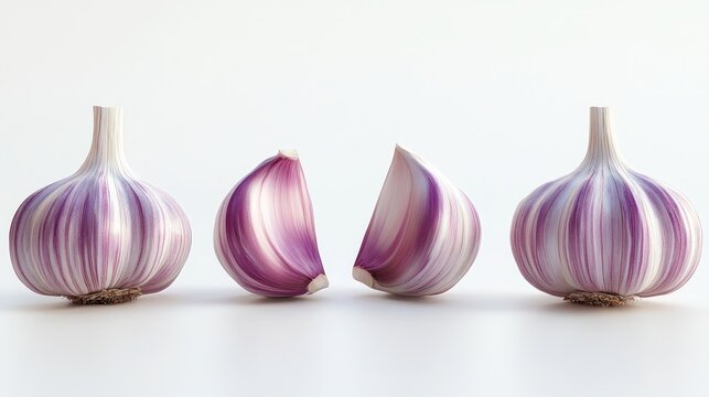 Three whole garlic bulbs and two cloves, one half and one whole, in a row on a white background.