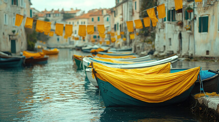 Obraz premium Fishing boats rest peacefully in a charming canal, adorned with vibrant yellow fabric hanging above on a calm afternoon