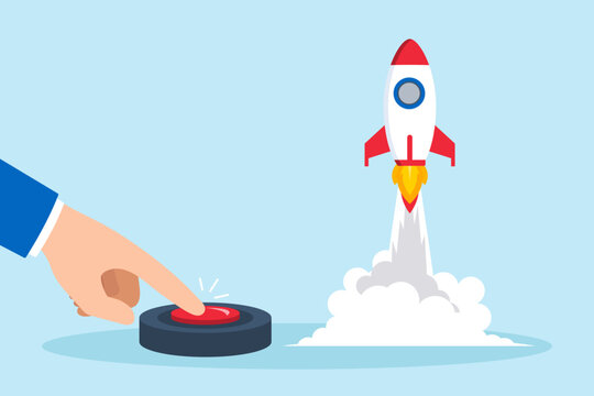 Flat illustration of businessman hand pushes start button to launch rocket representing initiation of new startup