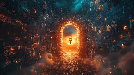 Fototapeta premium A fiery portal opens to a bright sky, surrounded by a digital wall.
