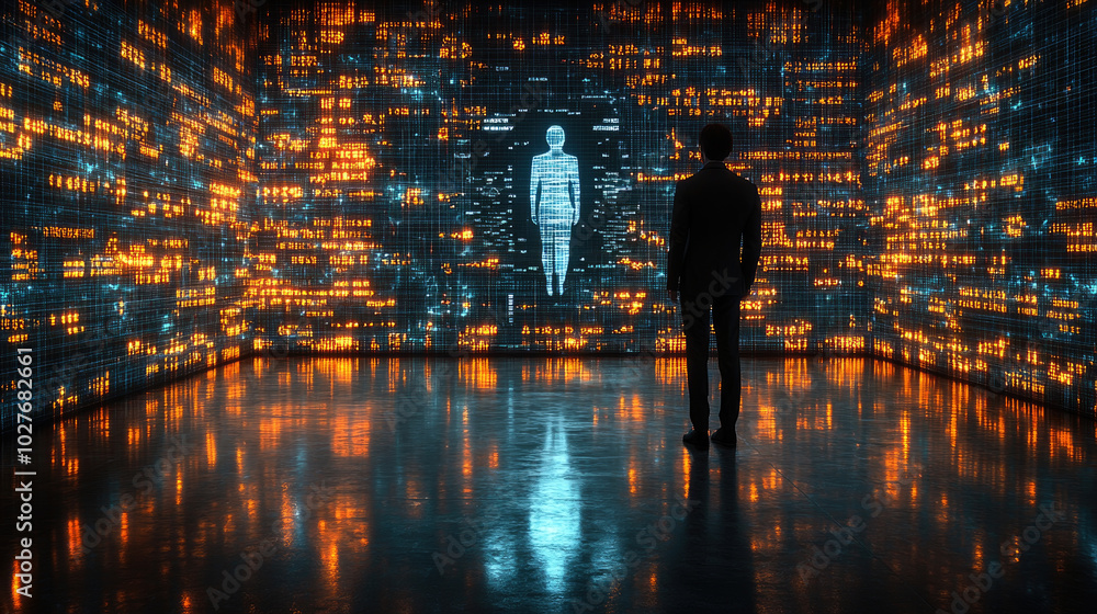 Poster a silhouette of a figure is projected against a backdrop of illuminated data while a person stands c