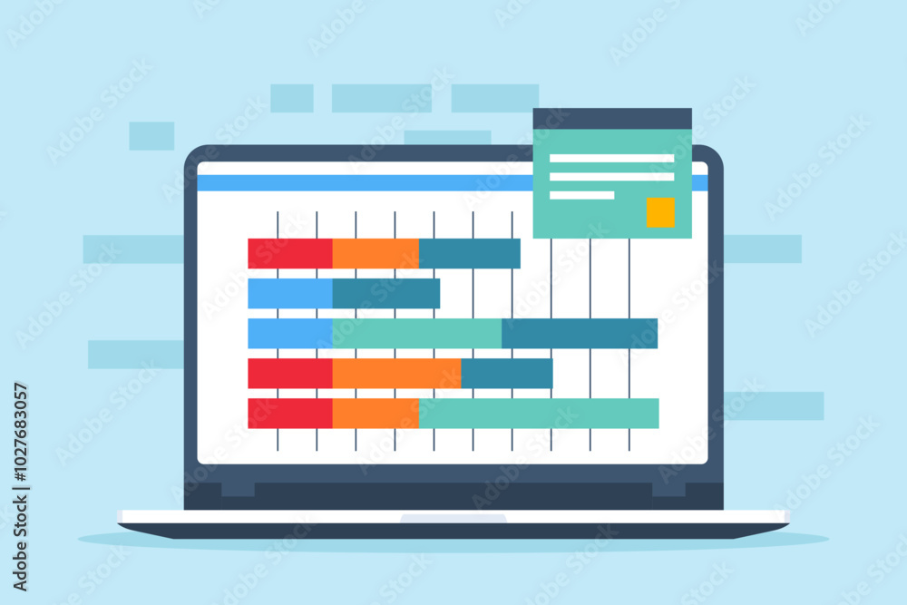Poster flat illustration of computer laptop displays gantt chart assisting in planning for software develop