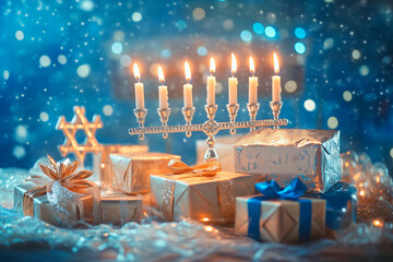 A traditional Hanukkah greeting card featuring a glowing menorah with all candles lit, golden dreidels, and gift-wrapped boxes