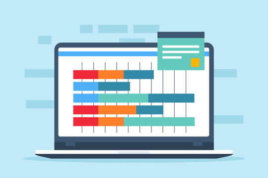 Flat illustration of computer laptop displays gantt chart assisting in planning for software development and project management