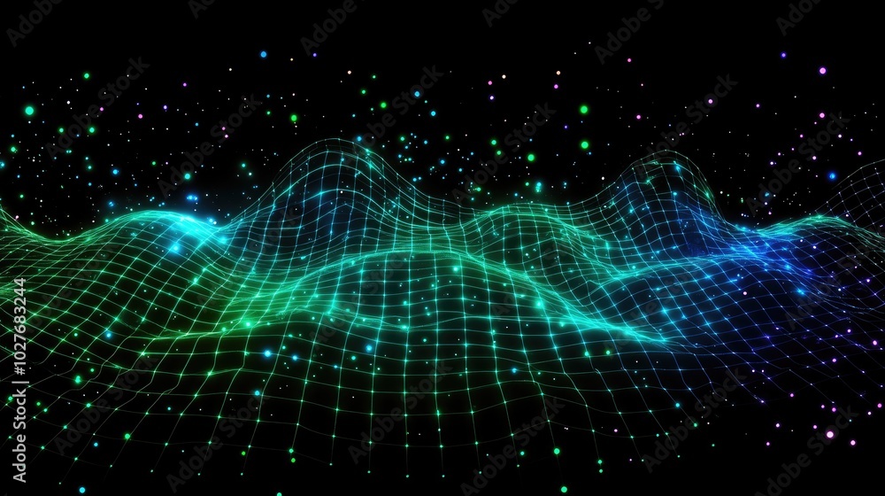 Poster abstract wave pattern with glowing particles