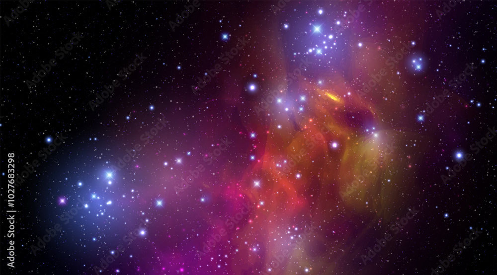 Sticker space vector background with realistic nebula and shining stars. magic colorful galaxy with stardust