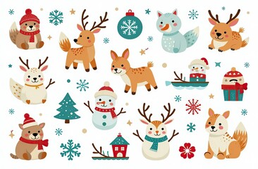Christmas collection with cute animals: bear, fox, squirrel, bird, Santa Claus, Snowman and christmas decorative elements