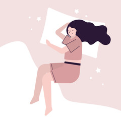 Happy girl sleep on side with bent legs. Female character sleeping, Woman wear pajama and lying in bed, Top view. Deep dream and bedtime concept