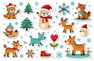 Obraz premium Christmas collection with cute animals: bear, fox, squirrel, bird, Santa Claus, Snowman and christmas decorative elements