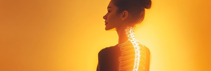 Young woman stands with a pained expression, her illuminated spine suggesting back pain or a medical condition, against an orange background highlighting the anatomy of the vertebral column
