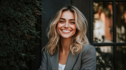 Obraz premium Smiling Woman in Blazer Against a Dark Background