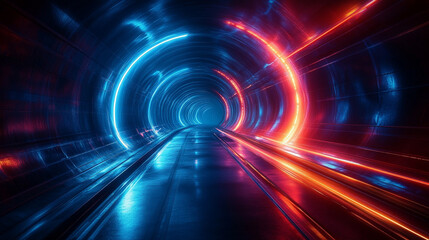 dynamic futuristic scene illustrating speed and motion with vibrant blue and red rays. This image symbolizes technological advancement, innovation, and the energy of modern life