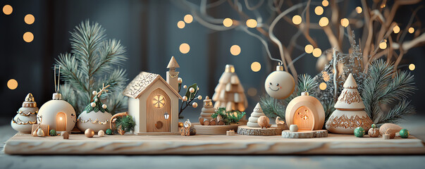 Rustic holiday ornaments with twinkling tinsel and handmade wooden details, 3D illustration