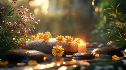 A single candle burns on stones surrounded by yellow flowers in a tranquil garden setting.