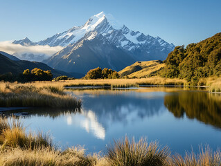 Reflection Sunrise Over Snowy Mountain Peaks