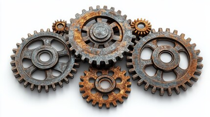 Rusty gears arranged in a decorative pattern on a white background creating an industrial look