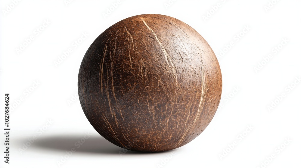 Poster fresh coconut with natural fibers on display, showcasing its unique texture and shape