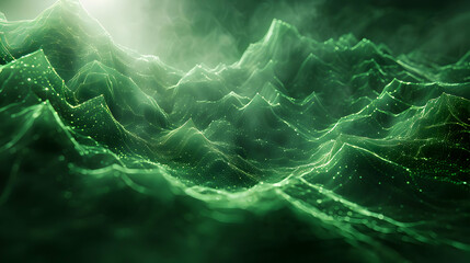 Abstract 3D Green Mountain Landscape with Fog and Light
