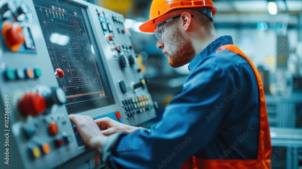 Poster engineer in a hard hat operates a control panel in a factory. focus on technology and machinery in a