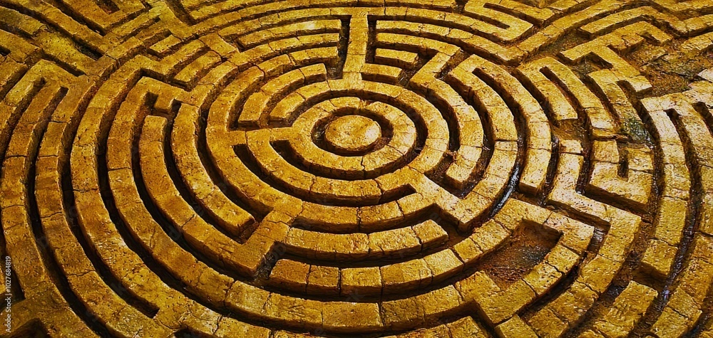 Poster intricate circular maze design on a textured surface, ideal for creative projects.