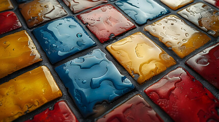 Water Droplets on Colorful Tile Mosaic - Close Up - Illustration