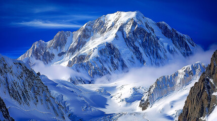 Naklejka premium Majestic snow-capped mountain under a blue sky.