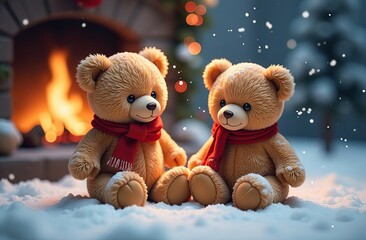 Two cute teddy bears sitting on a snowy surface in front of a warm fireplace, with falling snowflakes