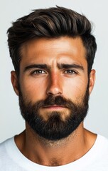 Fototapeta premium Stylish man with a full beard and sleek hair posing against a plain background